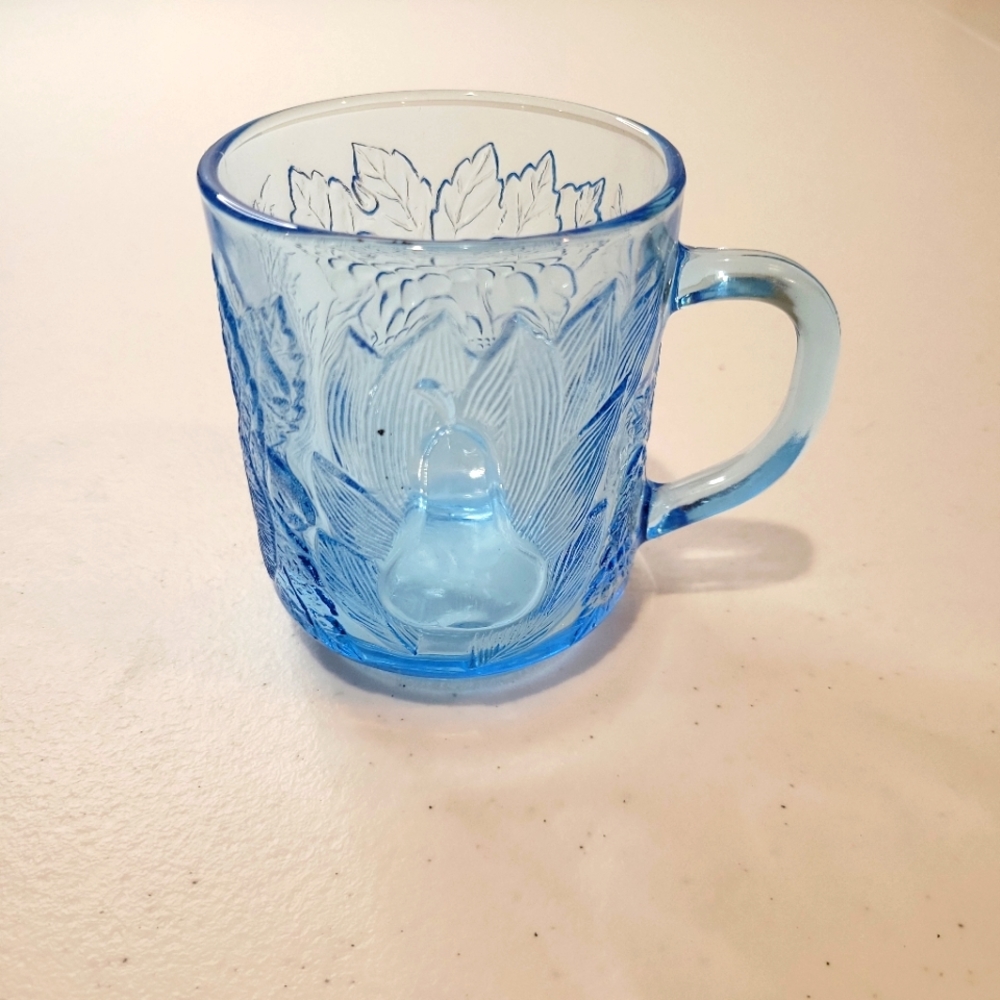 KIG Indonesian Blue Glass Mugs. Set of 5 Mugs. Embossed fruit design.